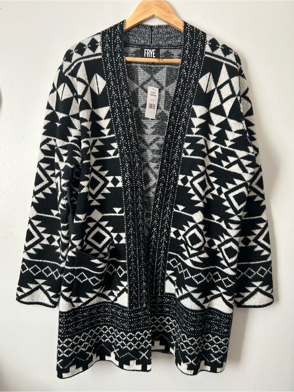 FRYE NWT Black Ivory Southwestern Geometric Long Cardigan Size L
